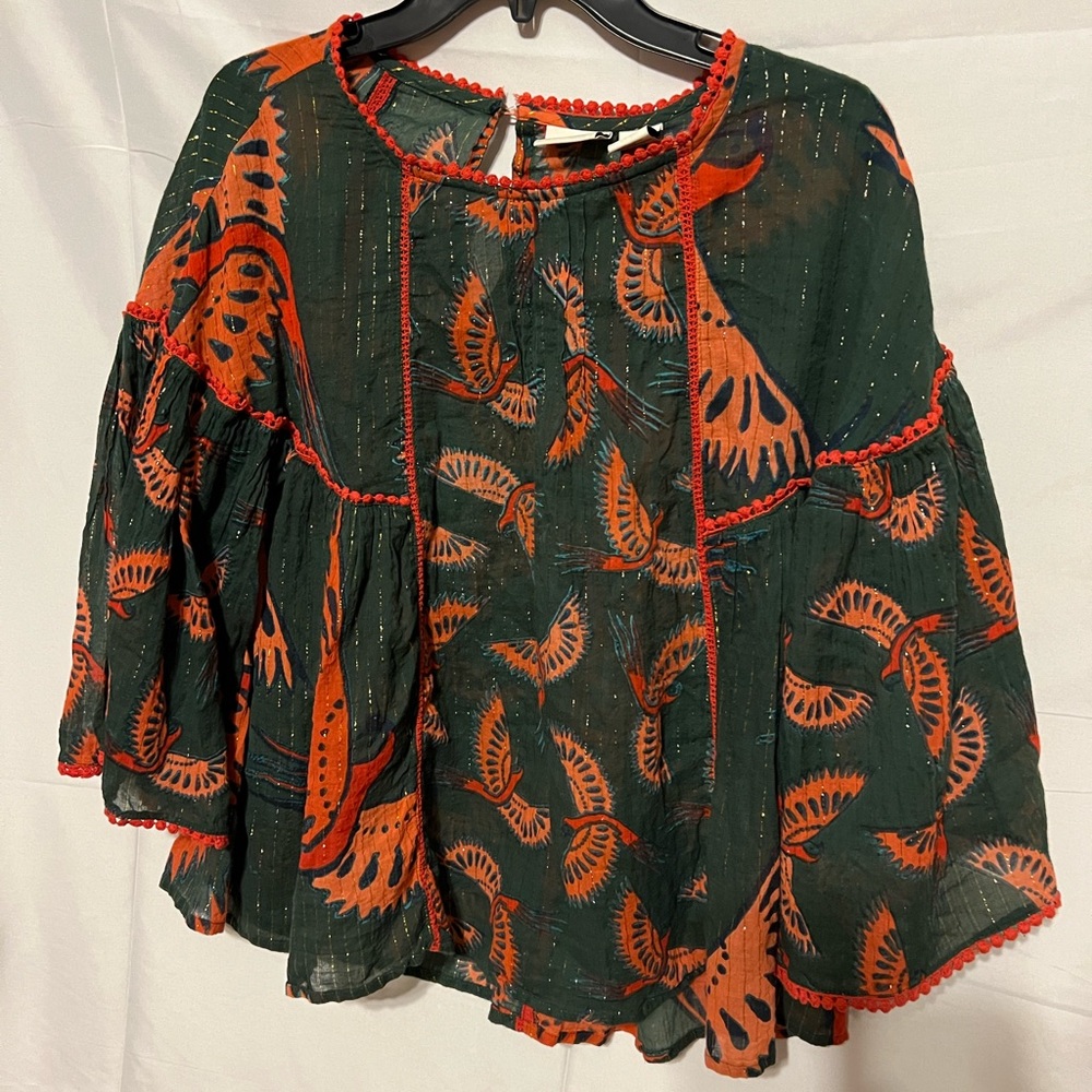 SOLD**** Rachel Zoe L  Phoenix bird novelty print top Bell balloon sleeves - Picture 16 of 16
